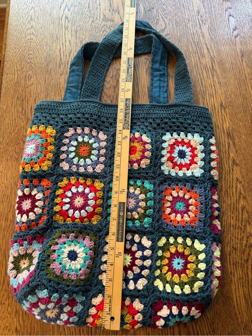 Crocheted Granny Square Tote Bag in Navy with Multicolor Accents - Picture 3 of 5